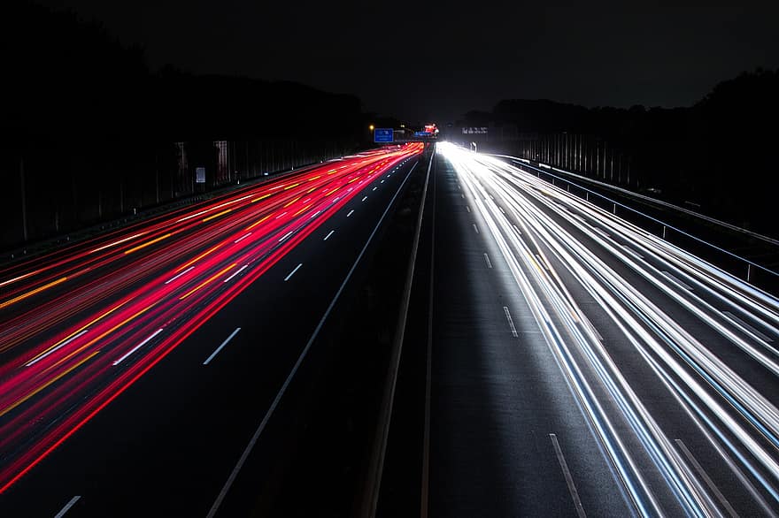 verkeer, lichten, nacht, snelweg, beweging, stoplicht, snelheid, glimmend, lamp, richting, reizen