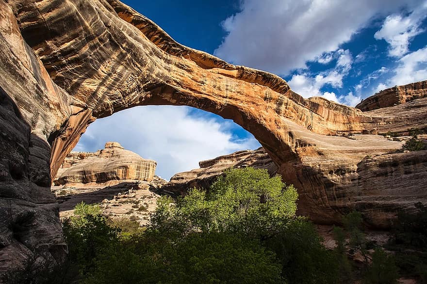 sipapu bridge, geological, formation, clouds, sky, blue, natural bridges national monument, utah, sandstone, landscape, scenic