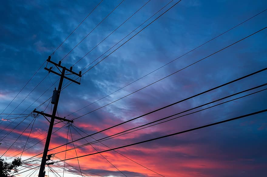 Elektrizität, Draht, Stromspannung, Leistung, Energie, Himmel, Verteilung, Stangen, Linie, Gitter, liefern