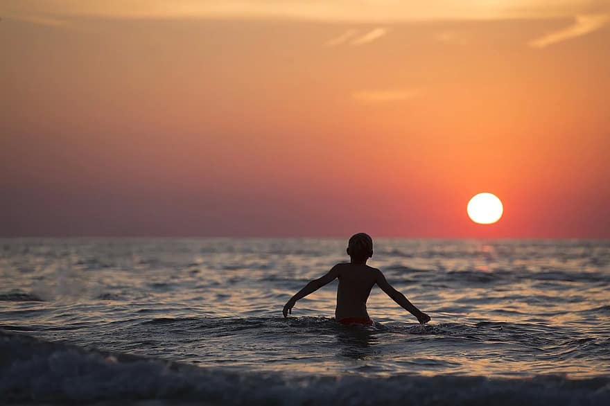 pantai, anak laki-laki, anak, Fajar, senja, horison, waktu luang, samudra, di luar rumah, orang, rekreasi