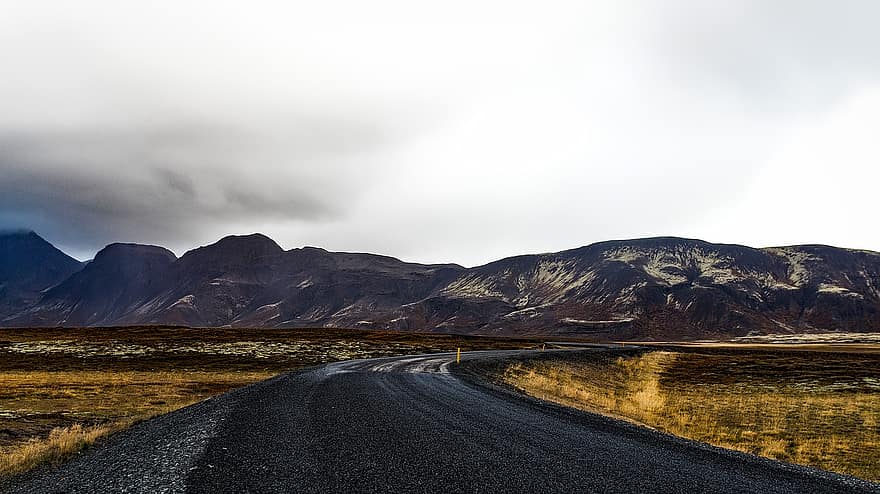 Islandia, carretera, viatge, viatjar, muntanyes, cel, núvols, paisatge, estèril, camps, natur