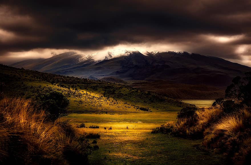 puesta de sol, oscuridad, paisaje, montañas, nieve, cielo, nubes, oscuro, prado, campo, cerros