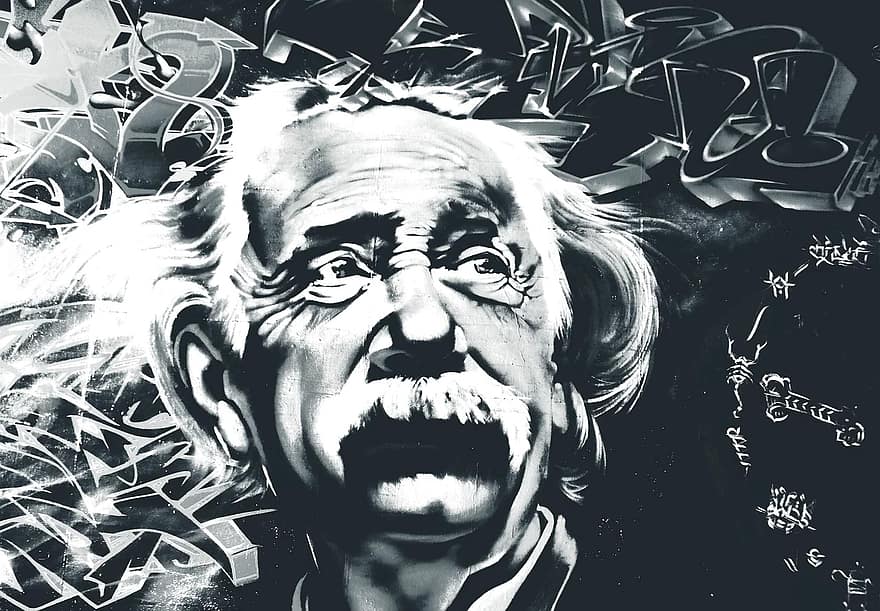 Einstein, Albert Einstein, art de rue, mural, noir et blanc, relativité, génie