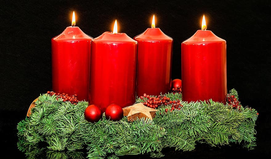 corona de Adviento, adviento, joyas de navidad, velas, cuarta vela, ligero, llama, brillante, contemplativo, luz de una vela, Navidad