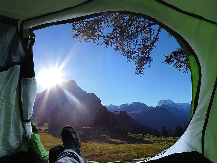 leir, camping, ferier, utsikt, landskap, panorama, fjelllandskap, sol, telt