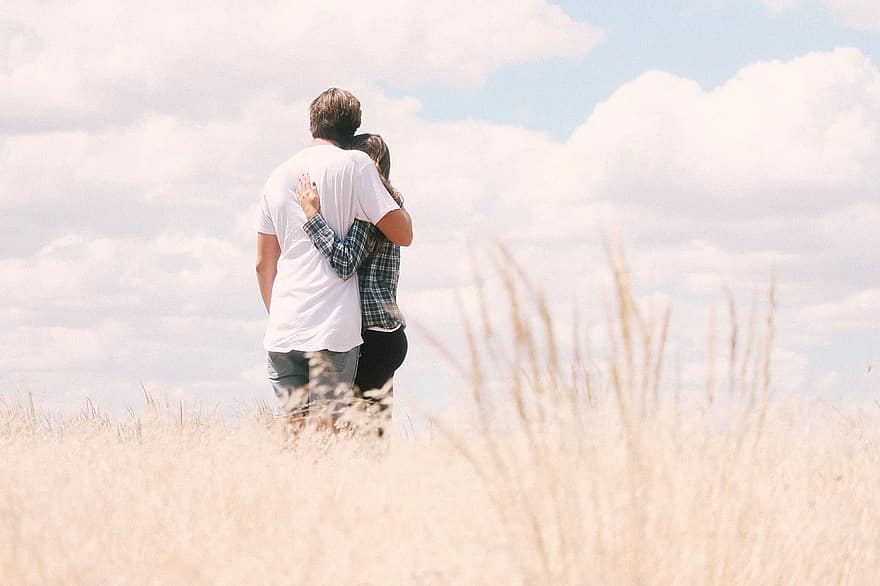 cielo, hierba, al aire libre, gente, Pareja, amor, hombre, chico, niña, mujer, saliendo