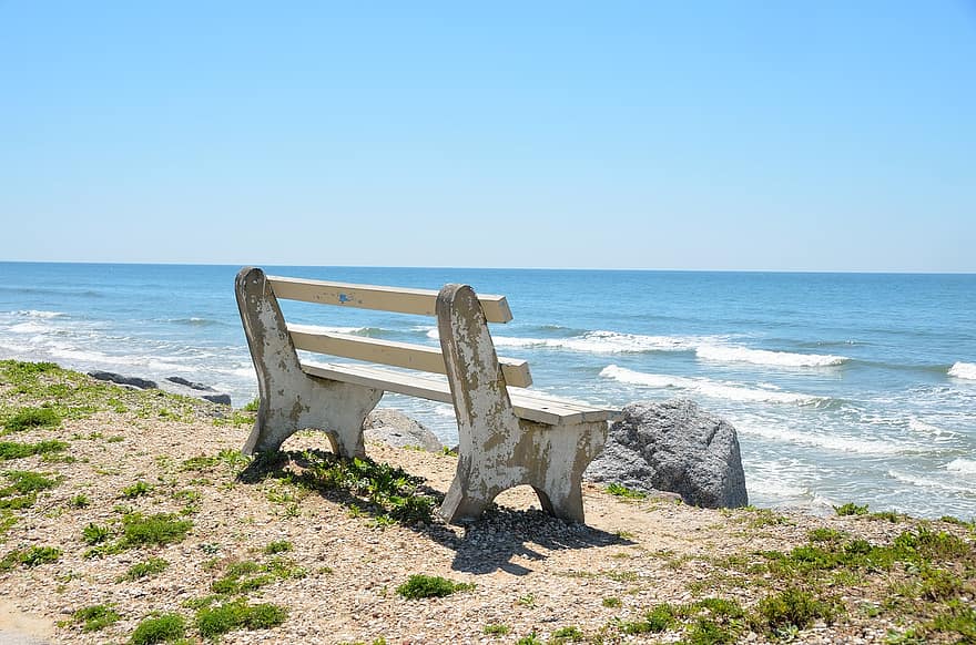 krzesło do siedzenia, przeoczyć, plaża, ocean, fale, woda, piasek, na dworze, florida, tropikalny, niebo