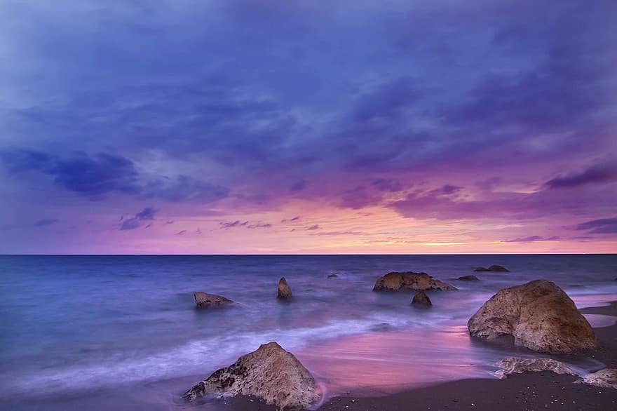 Strand, soloppgang, skumring, natur, hav, utendørs, bergarter, sand, Seascape, strandlinjen, himmel