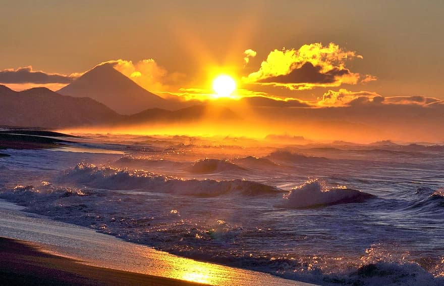 samudra, gunung berapi, berselancar, gelombang, matahari terbenam, matahari, awan, busa laut, gunung, pantai, langit