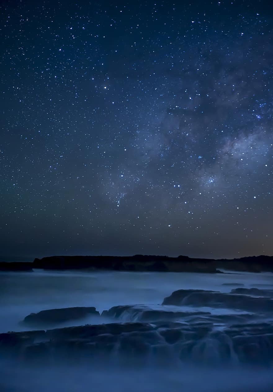 stjerner, landskap, natt, rom, stjernehimmel, himmel, vann, hav, galakse, Melkeveien, scenisk