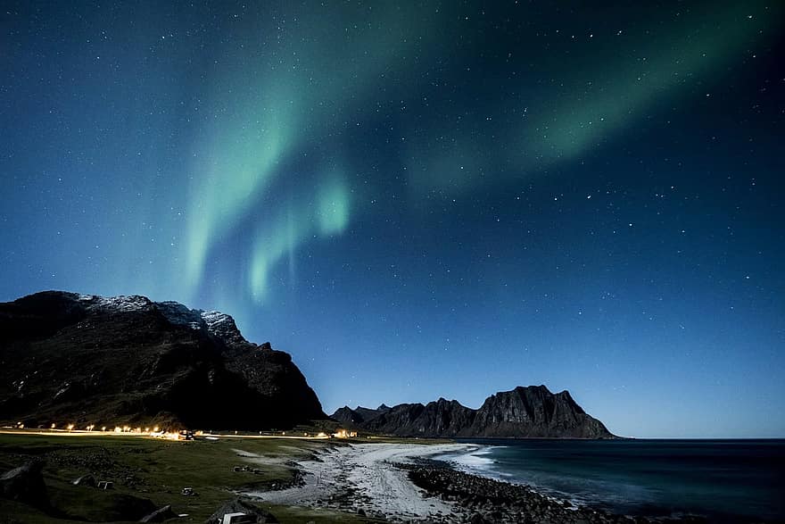 Aurora boreal, lofoten, Noruega, noche, playa, costa, invierno, azul, verde, auroras, boreal