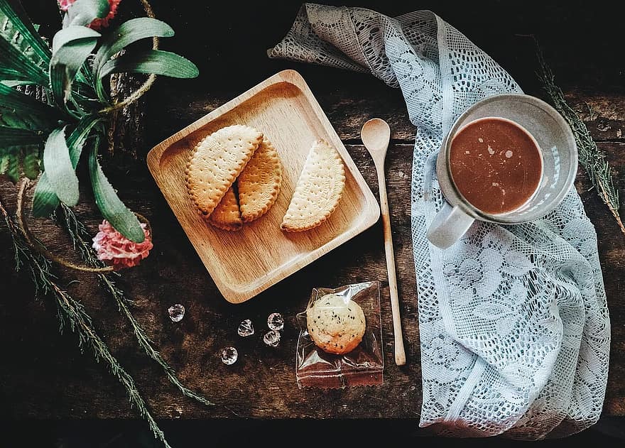 Lebensmittel, Getränk, Tee, Kaffee, brechen, Plätzchen, Kekse, Cracker, Snack, Essen und Trinken, Gastronomie