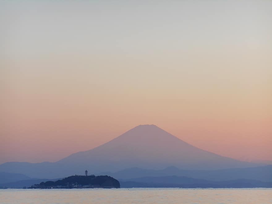 Mont Fuji, le coucher du soleil, mer, Enoshima, soir, paysage, Japon