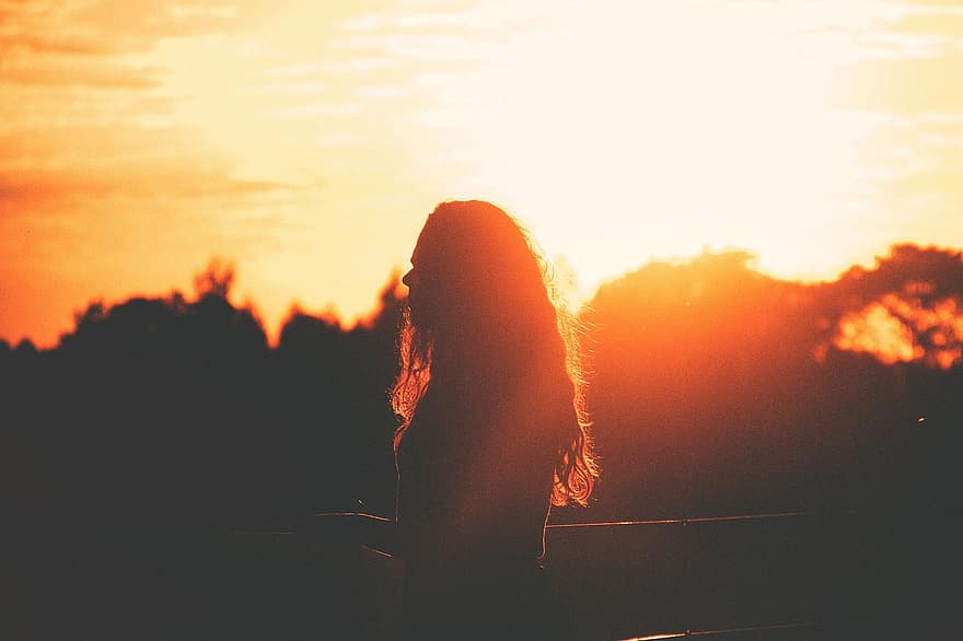 sunset, sun rays, dusk, silhouette, shadow, girl, woman, people, nature, sky