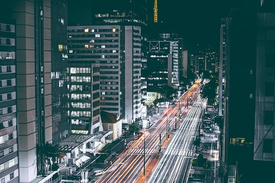 cars, road, traffic, night, street, skyscrapers, architecture, motion, tower, highway, transportation