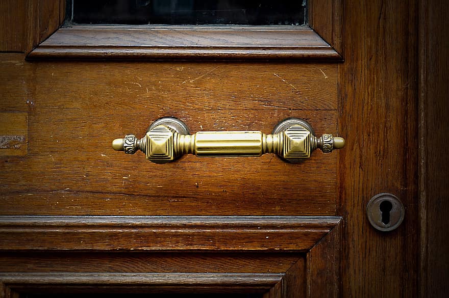 doorknocker, porta, maçaneta, batedor, porta de madeira, arte Nova, fechadura da porta, lidar com, madeira, velho, entrada