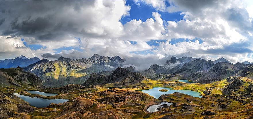 natura, paesaggio, kaçkars, montagne, laghi, prateria, nuvole, rocce, montanaro, all'aperto, natur