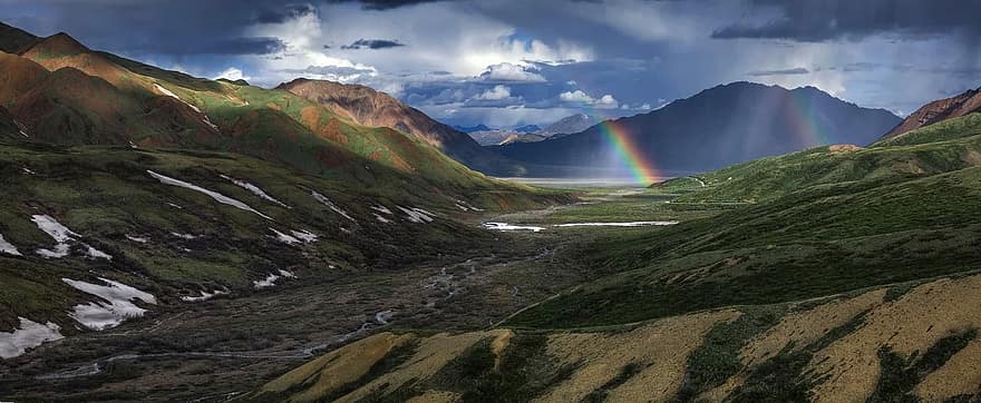 curcubeu, peisaj, pitoresc, colorat, panoramă, natură, cer, nori, munţi, lumina soarelui, în aer liber