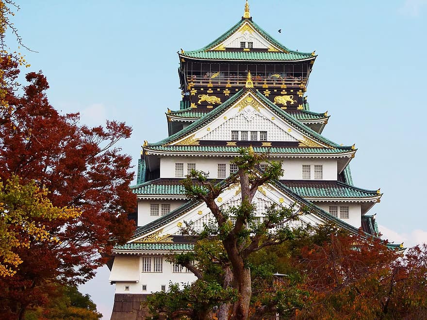 castel, toamnă, arhitectură, clădire, frumos, loc de interes, castelul osaka, cer, albastru, osaka, Japonia