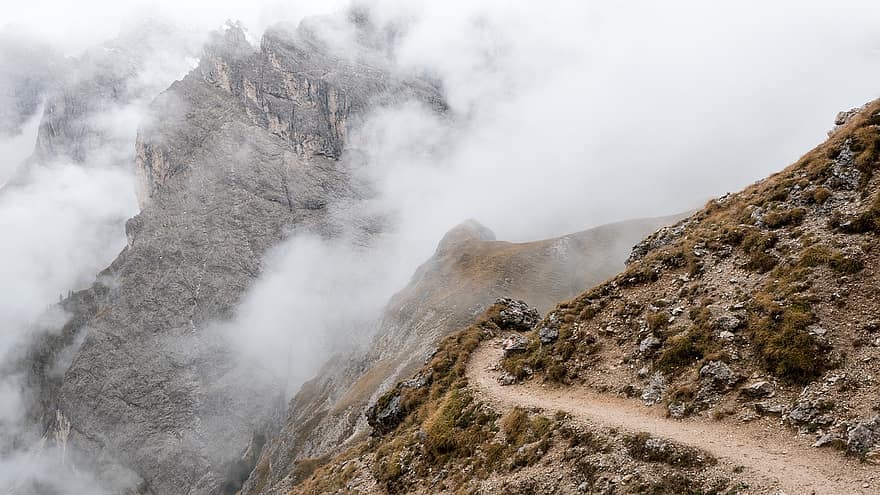 dolomitai, Pietų Tirolis, Alpių, Italija, kalnai, kelias, toli, bedugnė, rūkas, Rokas, kreivė