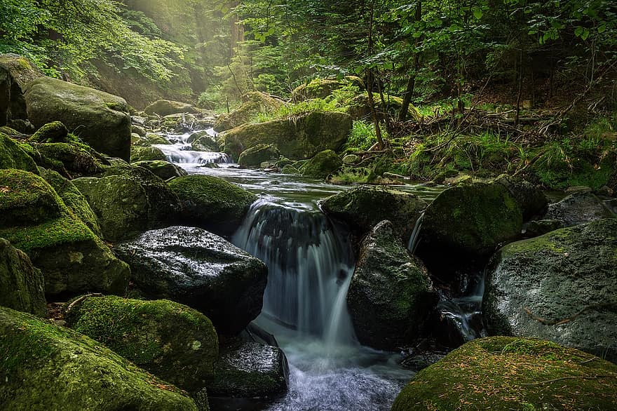 wateren, waterval, rivier-, mos, natuur