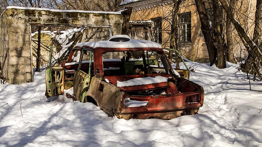 bil, snö, uteslutning zon, vinter-, natur, landskap, vit, kall, ukraina, strålning, övergiven