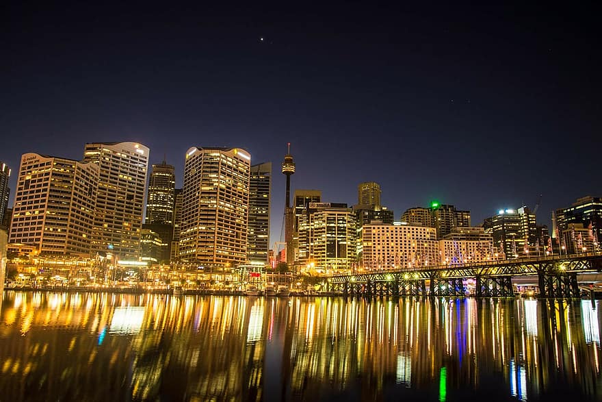 darling harbour, sydney, australia, city, skyline, cityscape, houses, architecture, night, night lights, reflection