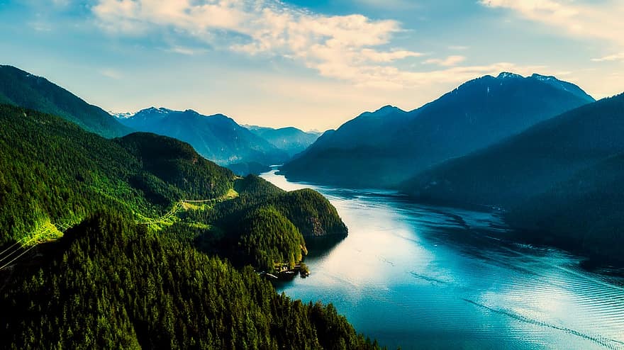 hory, nebe, mraky, panoráma, hdr, řeka, voda, odrazy, les, stromy, krajina