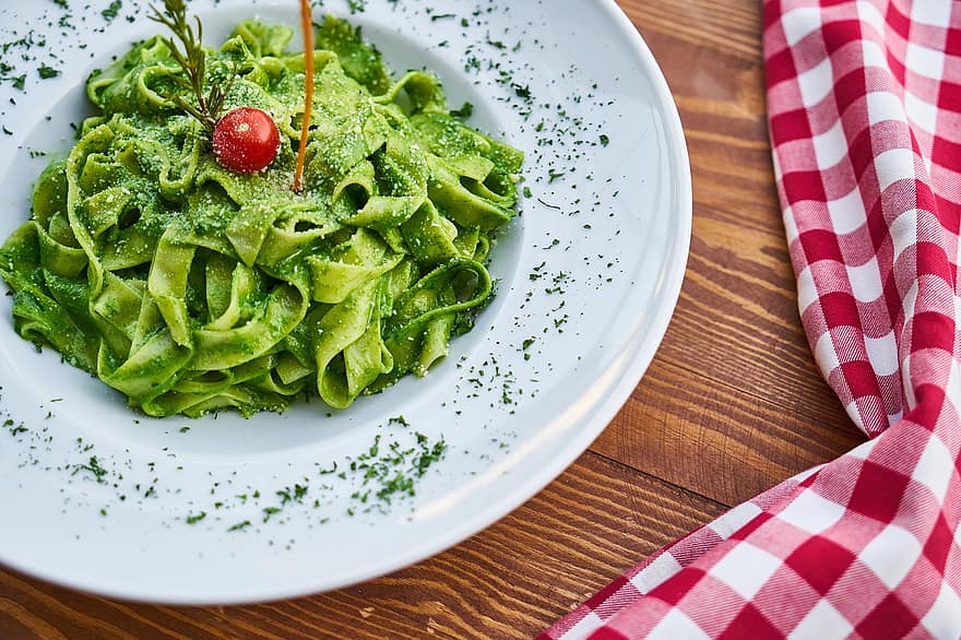 pasta, grøn, ost, veggie, mad, dej, plade, bord, dække over, klæde, service