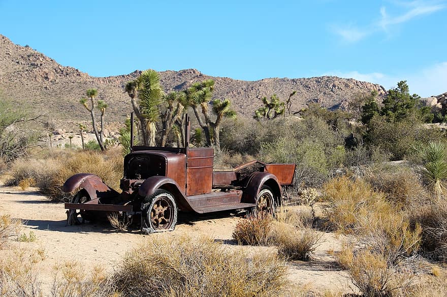 Oldtimer, distruge, ruginit, camion, istoric, deşert, california, Mojave, Joshua Tree, perete moara stradă, auto