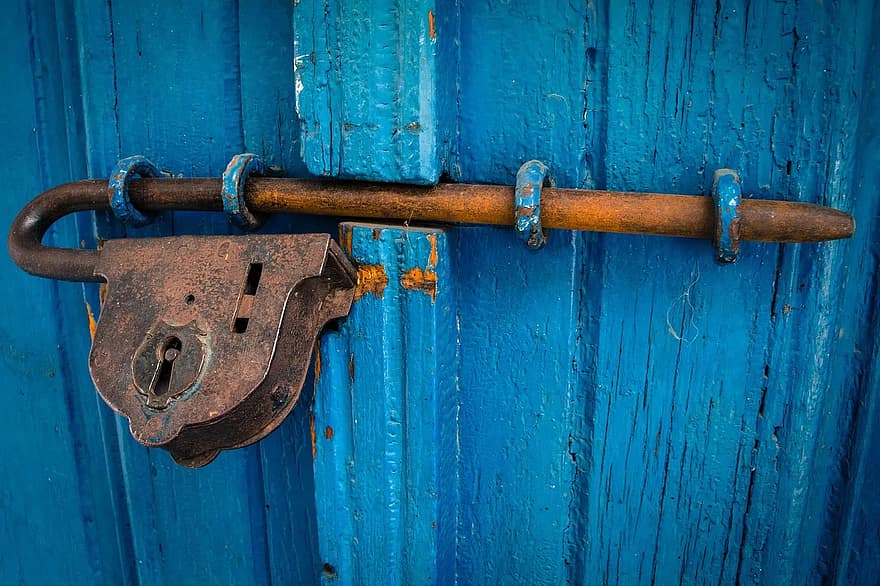 porta, azul, oxidado, Entrada, madeira, velho, de madeira, metal, Antiguidade, trancar, cadeado