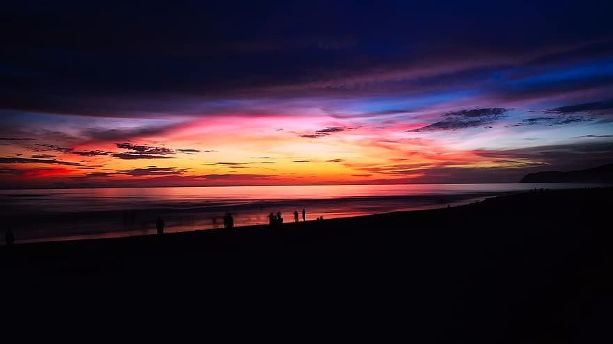 zee, oceaan, water, panorama, hemel, wolken, zonsondergang, schemer, mensen, figuren, natuur