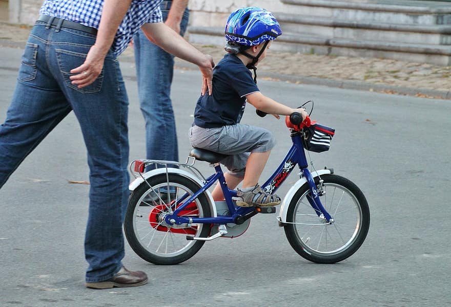 child, boy, bike, on push, learn, cycling, exercise, man, bicycle helmet, security, assistance