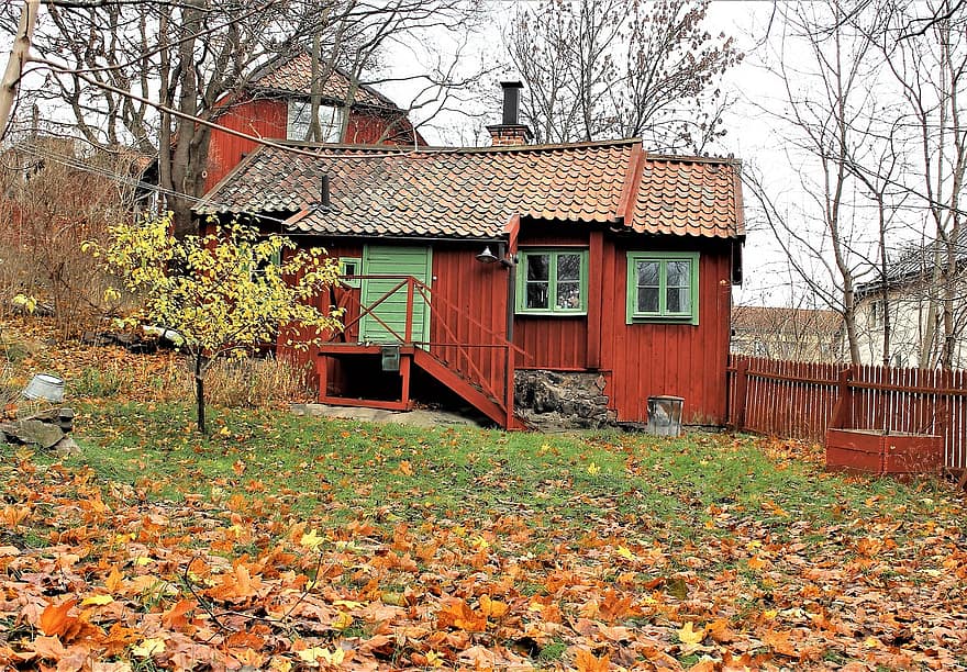 chalet, l'automne, torp, maison, chalet rouge, maison ancienne, architecture, jardin, maison en bois, toit, rouge falun