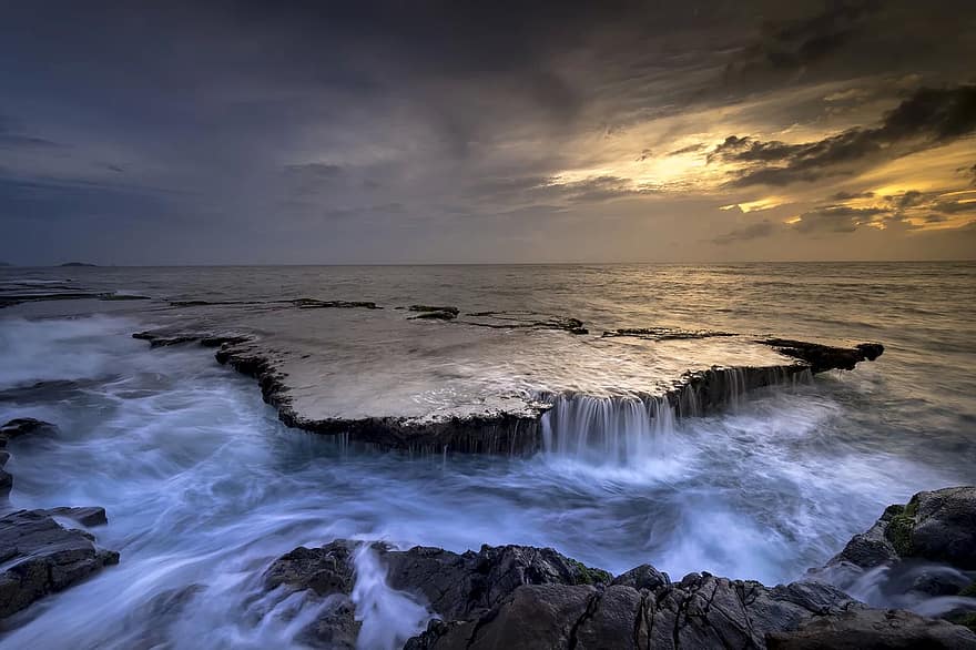 mer, côte, Cascade, récif, marée, eau, couler, océan, rive, soir