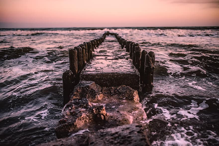 jetty, pier, remains, relic, poland, sea, ocean, waves, foam, seaside, sky