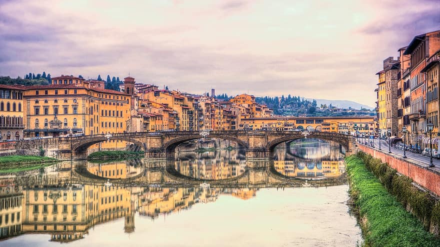 ponte vecchio, Florencija, Italija, arno upė, saulėlydis, atspindžiai, firenze, architektūra, Europa, tiltas, orientyras