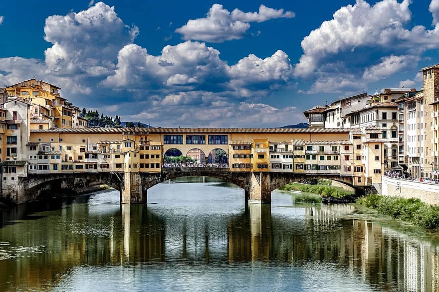 romain, pont, architecture, Maisons, rivière, ville, vieux, historique, Florence, Italie