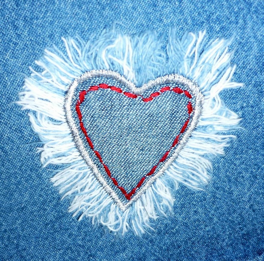 jeans, tecido, coração, amor, desenhar, têxtil, material, roupas, textura, moda, pano