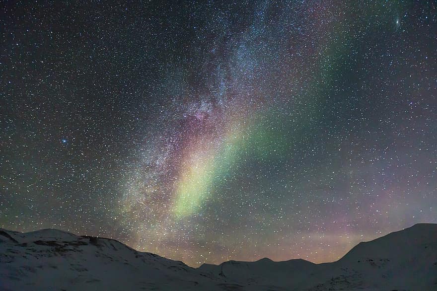 galaxy, northen lights, auroras, arctic, snow, longyearbyen, light phenomenon, magical night, nature, lights, aurora