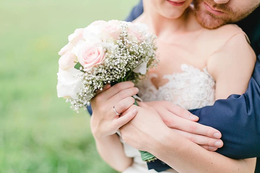 casament, ram de núvia, parella, nuvis, ram de noces, anell de noces, abraçada, romanç, amor, fons de pantalla d'amor, la de happyvalentine