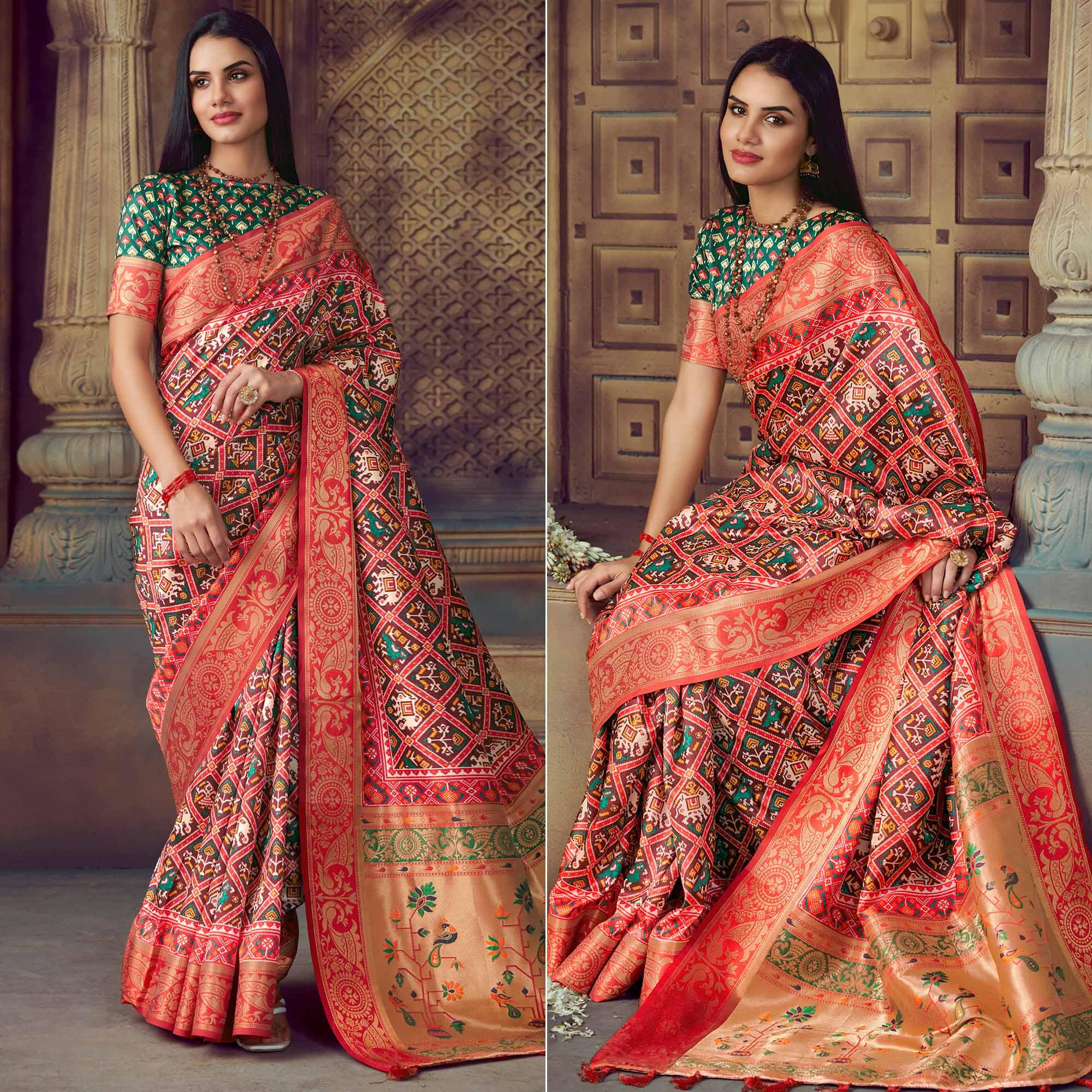 Brown Digital Printed Art Silk Saree With Tassels - Peachmode