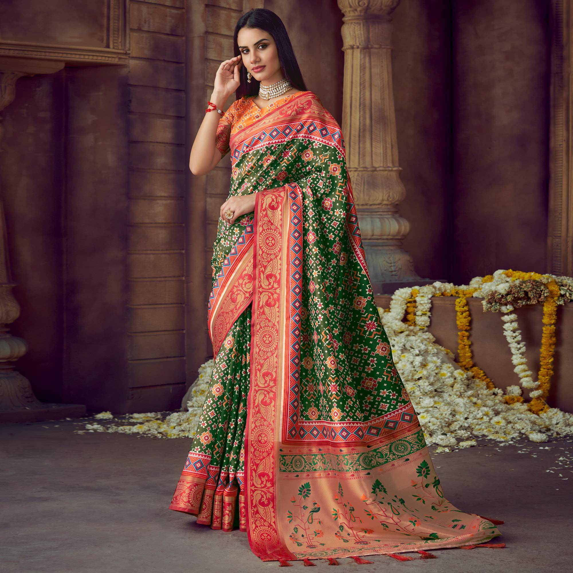 Green Digital Printed Art Silk Saree With Tassels - Peachmode