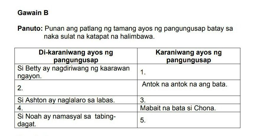 Halimbawa Ng Ayos Ng Pangungusap