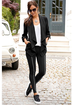 Drawstring Waistband Jacket, Piped Detail Leggings product image (F09006BK_F10002BK_1)