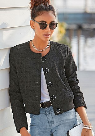 Round Neckline Tweed Jacket product image (X48062.BK.1.B062624)