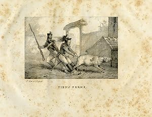 Seller image for Antique Master Print-Two soldiers trying to catch a pig-Tiens Ferme-Vernet-1823 for sale by ThePrintsCollector