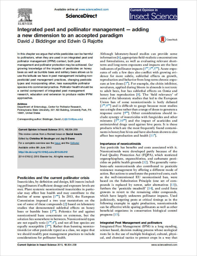 First page of a technical paper entitled Integrated pest and pollinator management — adding a new dimension to an accepted paradigm.