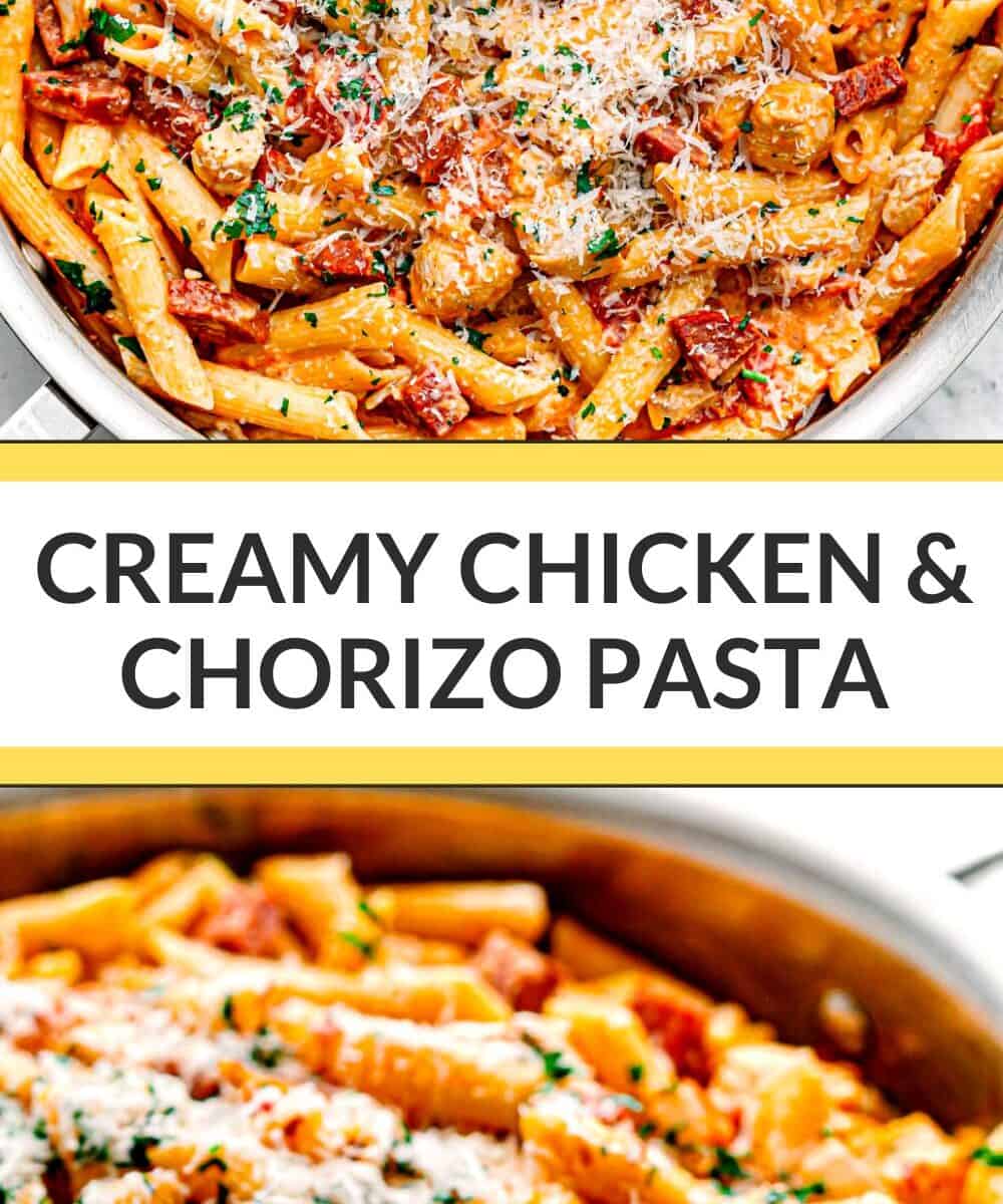 chicken and chorizo pasta recipe pinterest pin.