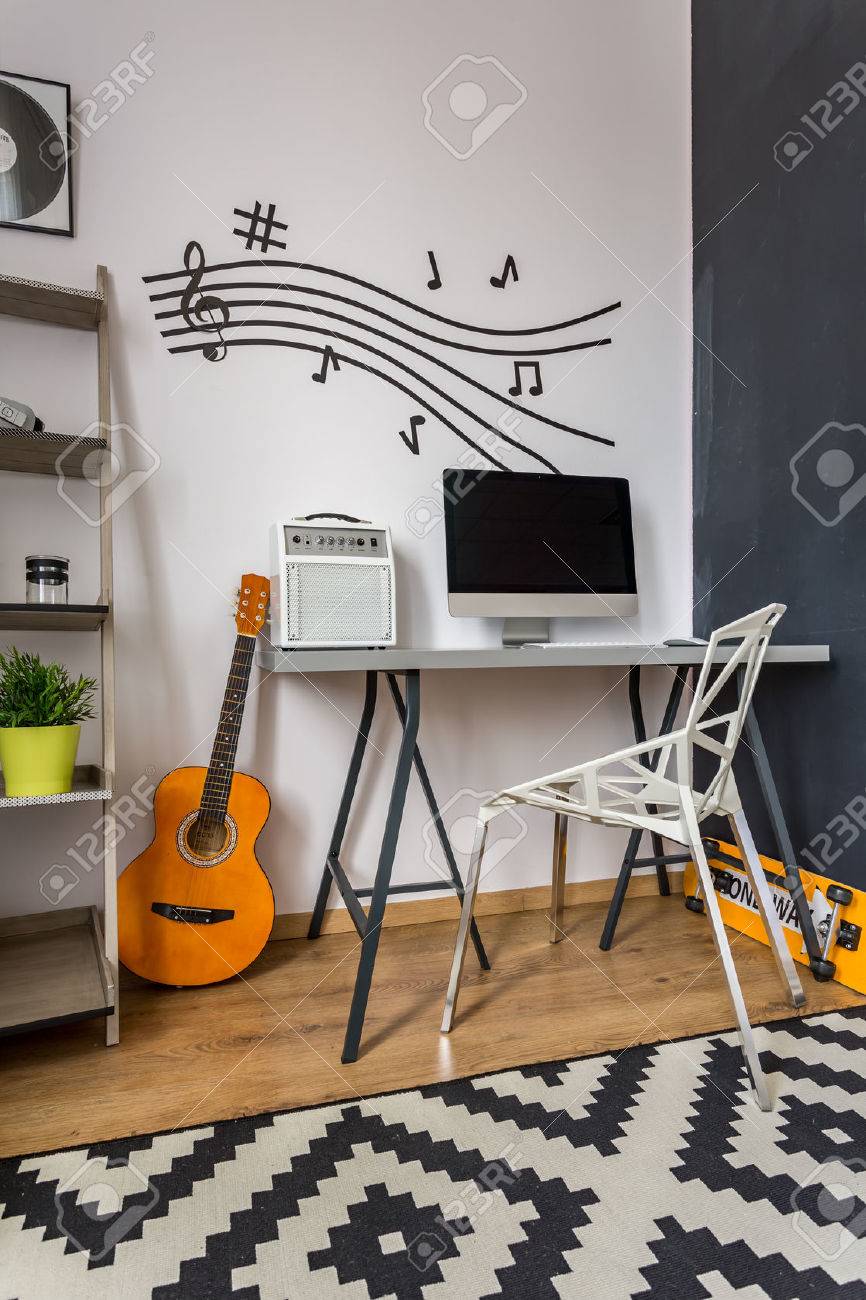 Modern Home Office With Small Desk, Crystal Chair, Music Wall ...